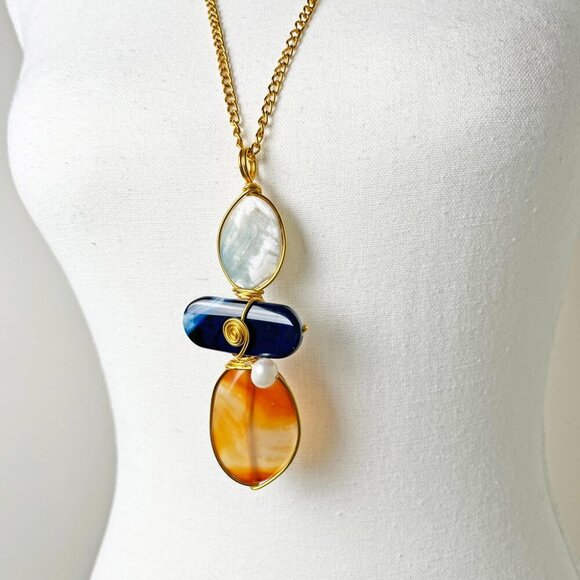 Artisan Pendant Gold-Tone Necklace- Sodalite, Blue Agate, Pearls & Carnelian - Picture 2 of 13